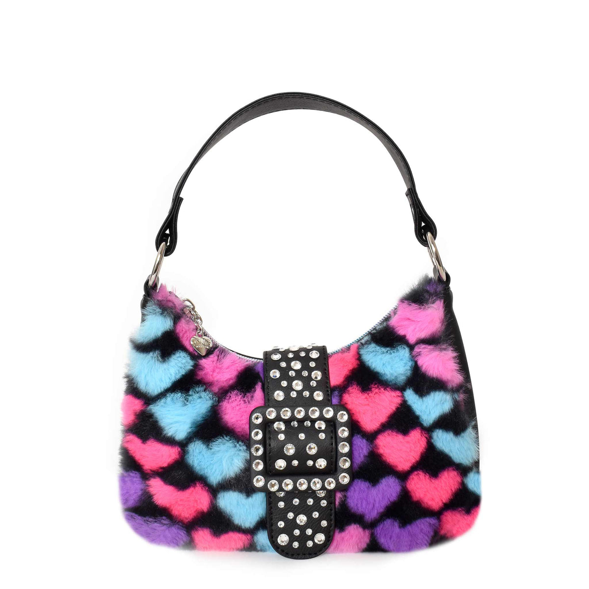 Kids plush heart print mini crescent bag, black, front view
