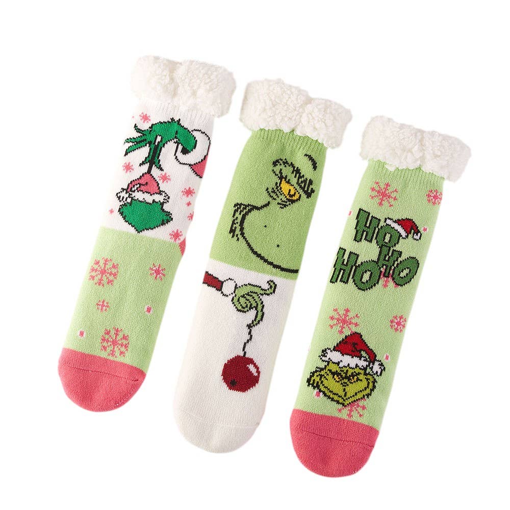 3 different designs of nonslip plush slipper socks, grinch