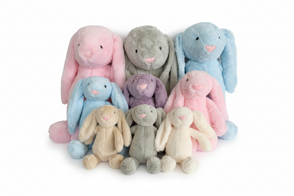 Plush lop ear bunny stuffed animals, in a group, all colors and sizes