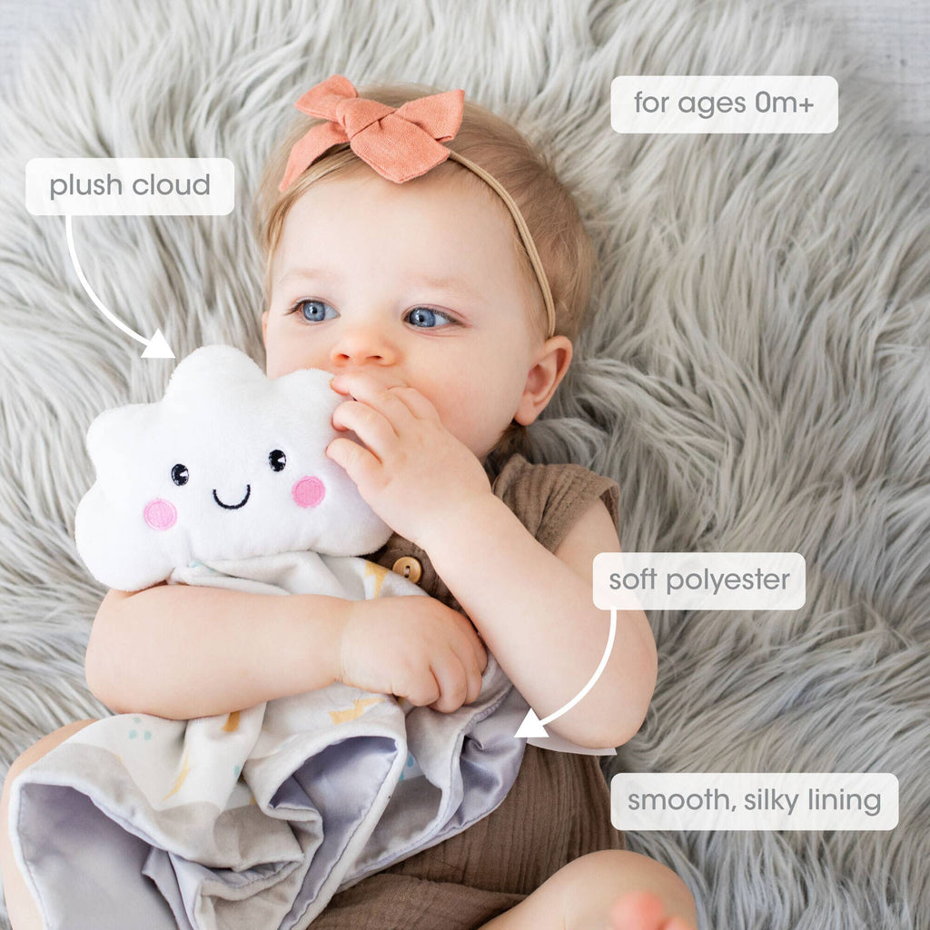 Plush minky cloud lovey blanket, white, with baby