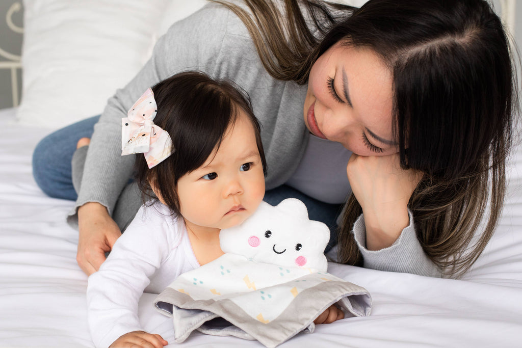 Plush minky cloud lovey blanket, white, with mom and baby