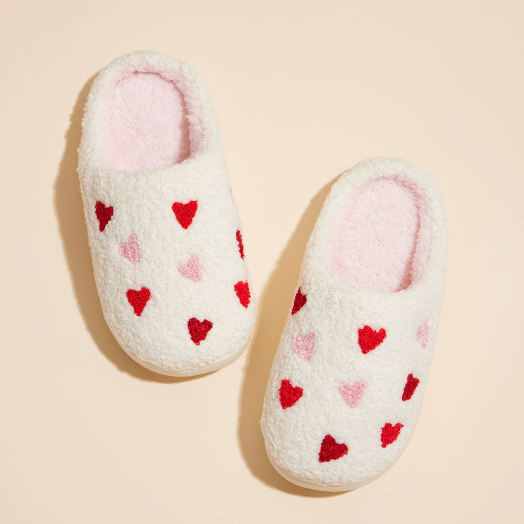 Kids plush multi hearts slippers, white and pink, pair front view