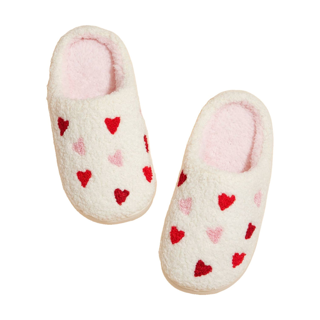 Kids plush multi hearts slippers, white and pink, pair front view
