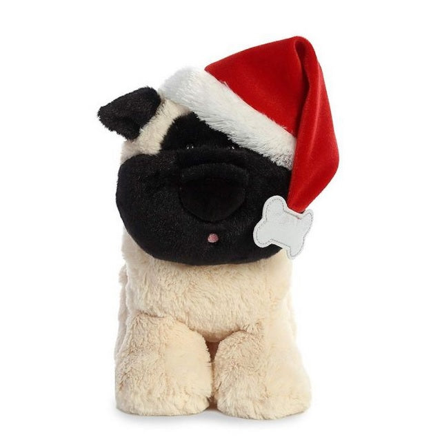 Aurora musical holiday pug plush with Santa hat, front view