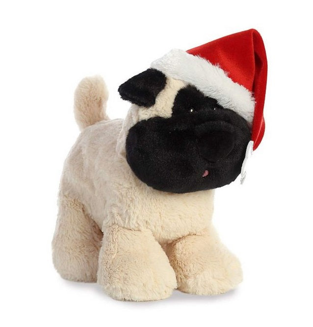 Aurora musical holiday pug plush with Santa hat, side view