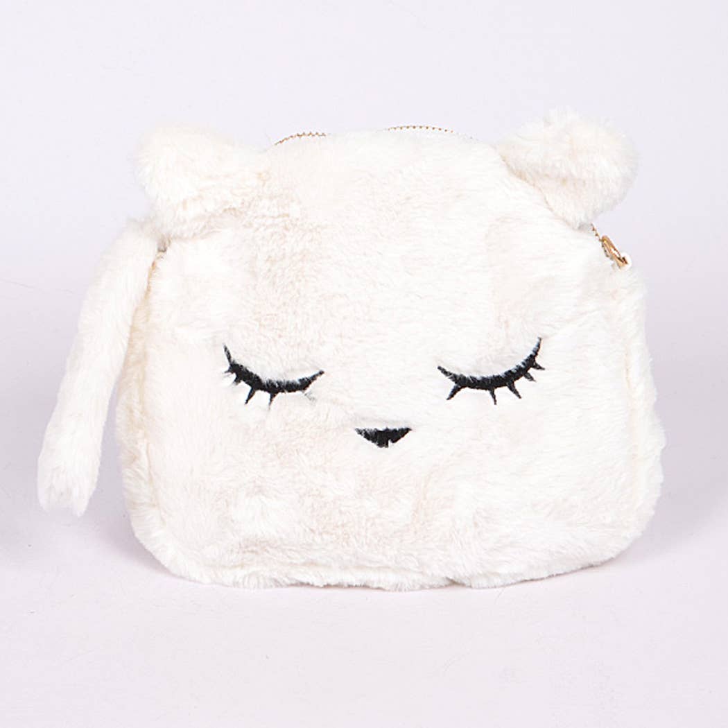 Plush sleepy cat clutch purse, ivory, front view