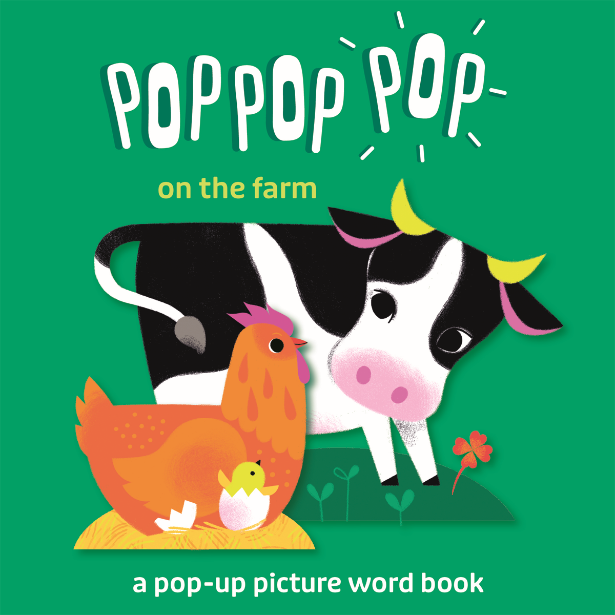 Pop Pop Pop On the Farm pop-up board book, cover with a cow and hen