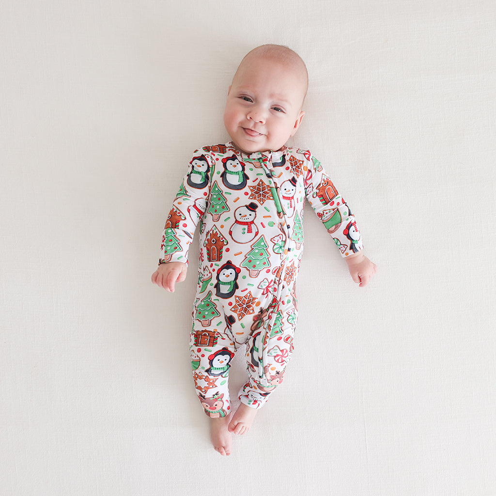 Posh Peanut bamboo convertible zip one piece, cookie medley, worn by baby