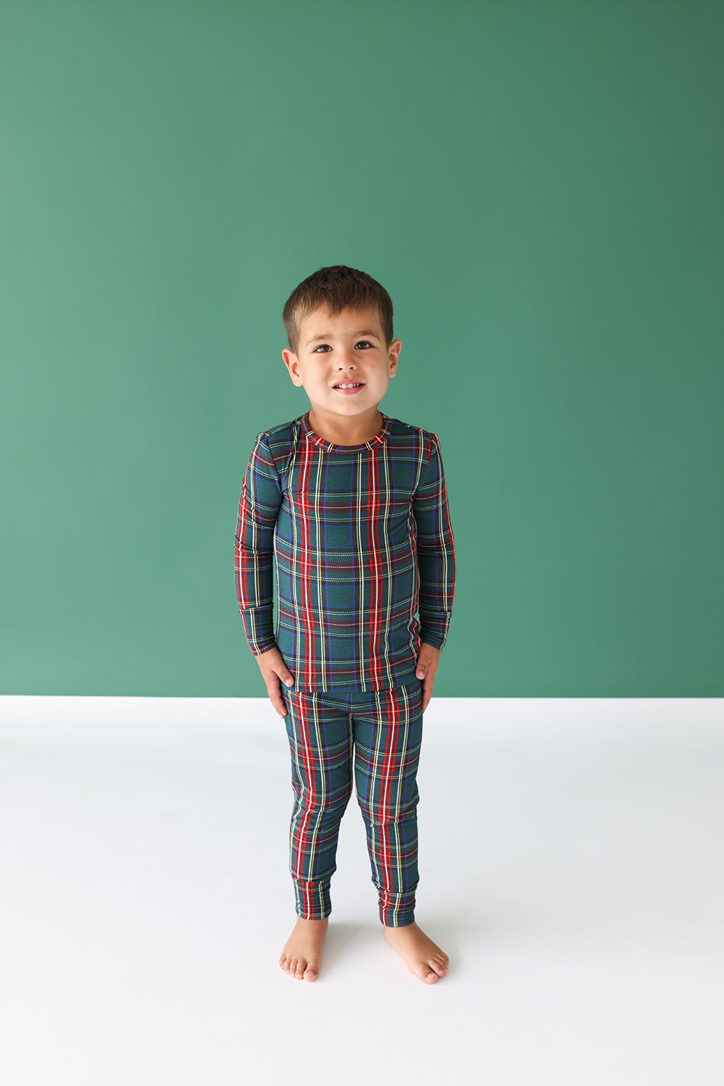 Posh Peanut bamboo pajama set, tartan plaid, worn by boy