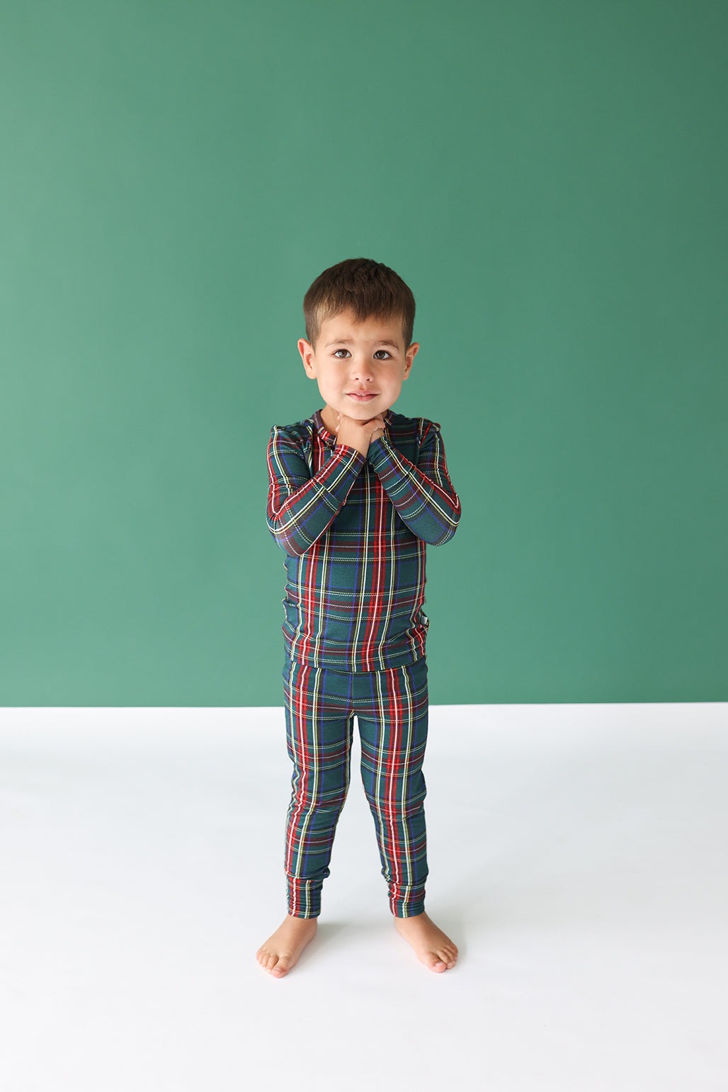 Posh Peanut bamboo pajama set, tartan plaid, worn by boy