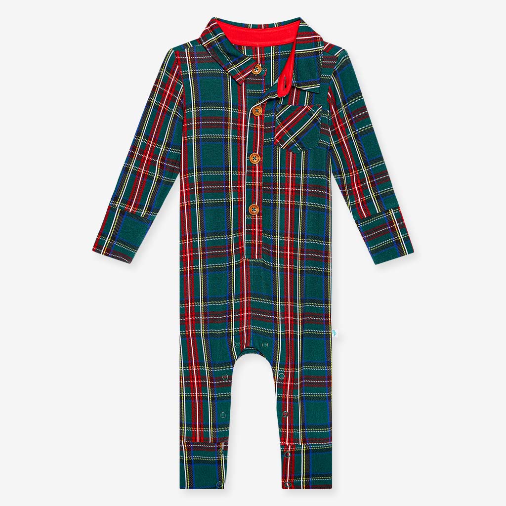 Posh Peanut collared henley romper, tartan plaid, detail