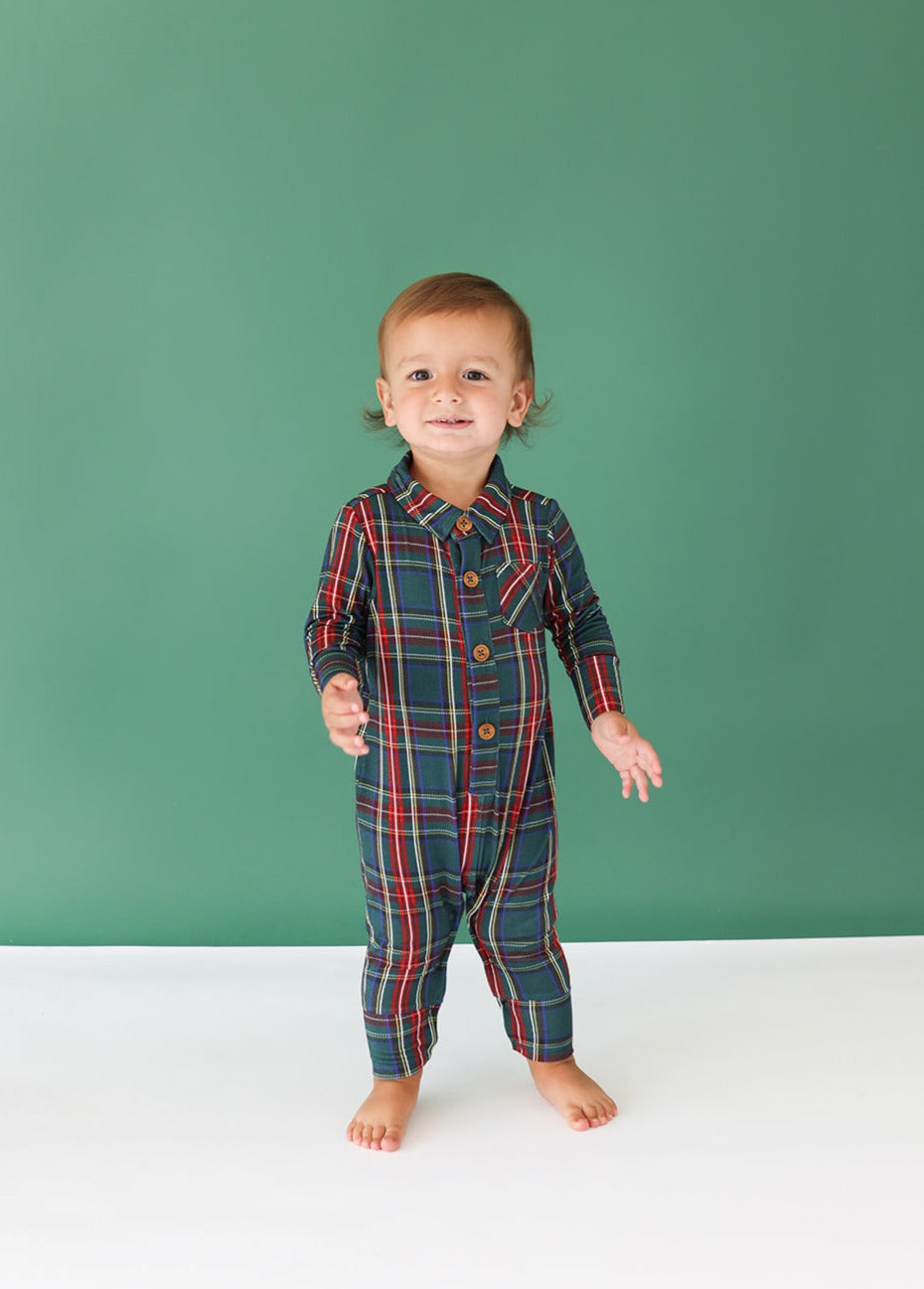 Posh Peanut collared henley romper, tartan plaid, worn by toddler
