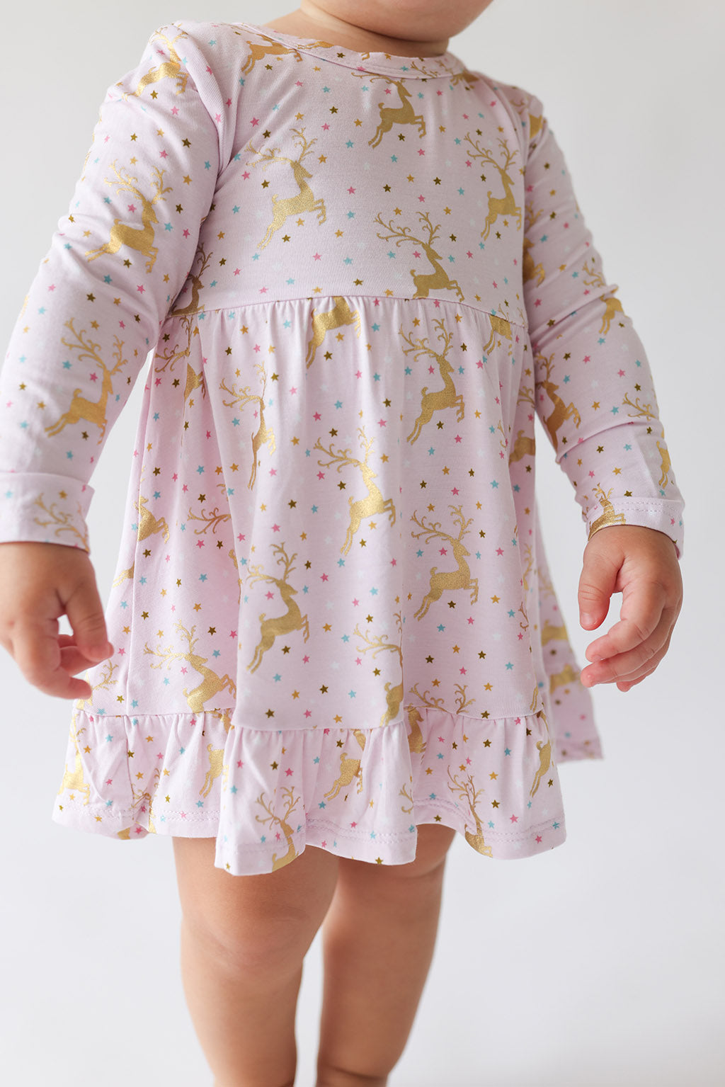 Posh Peanut bamboo ruffled bodysuit dress, Ryleigh reindeer, skirt detail
