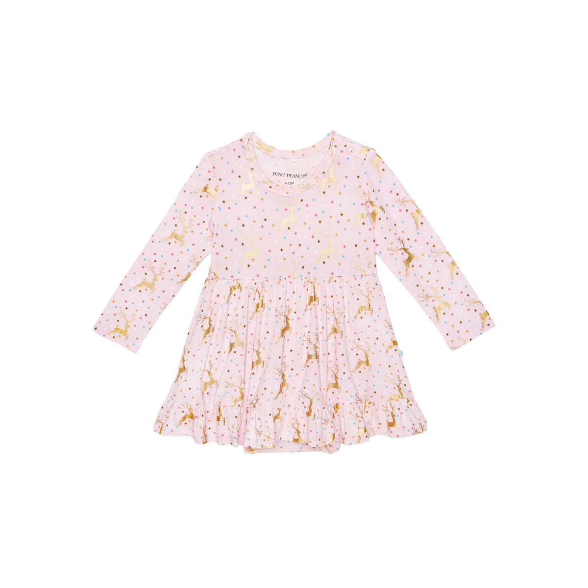 Posh Peanut bamboo ruffled bodysuit dress, Ryleigh reindeer, front view