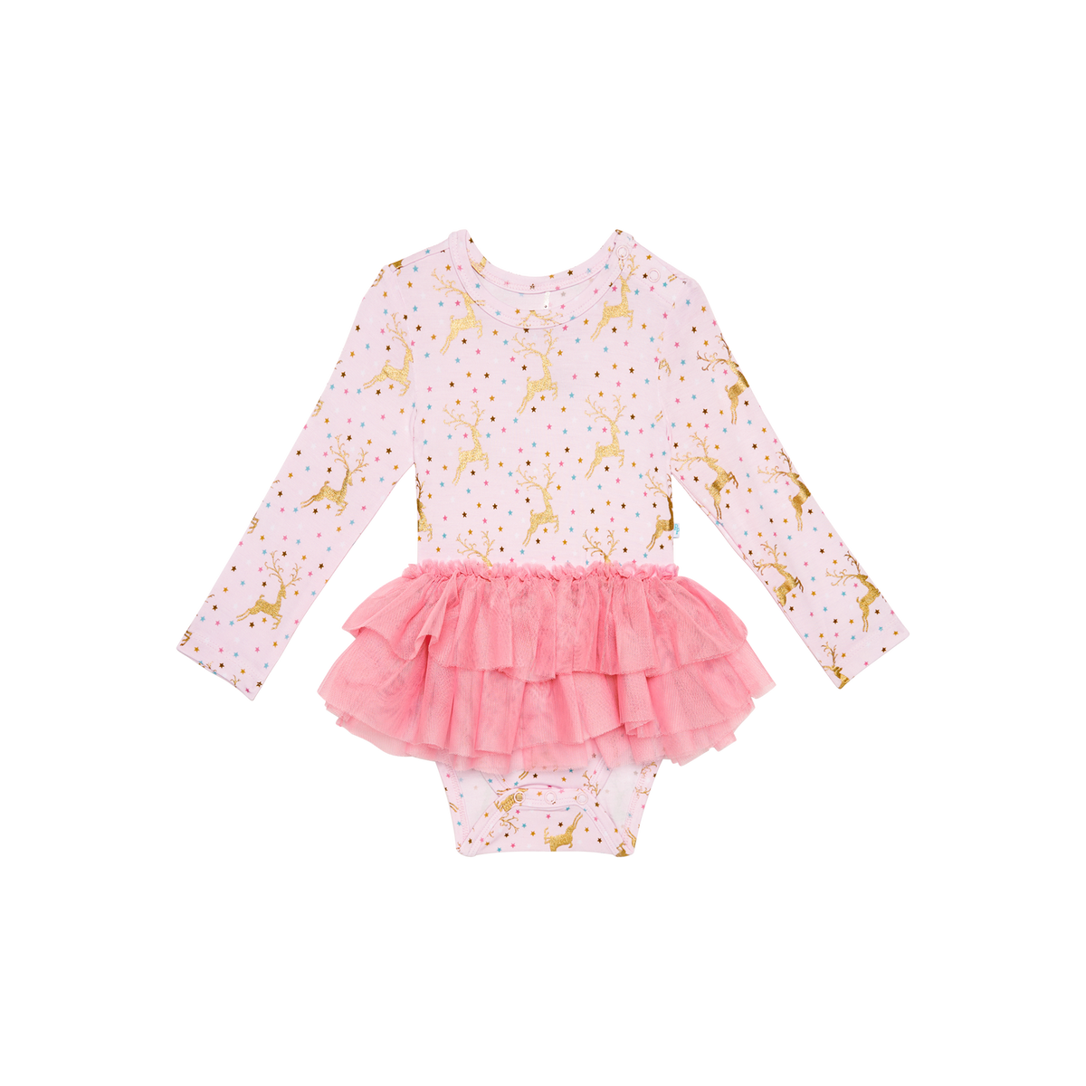 Posh Peanut bamboo tulle skirt bodysuit dress, Ryleigh reindeer, front view