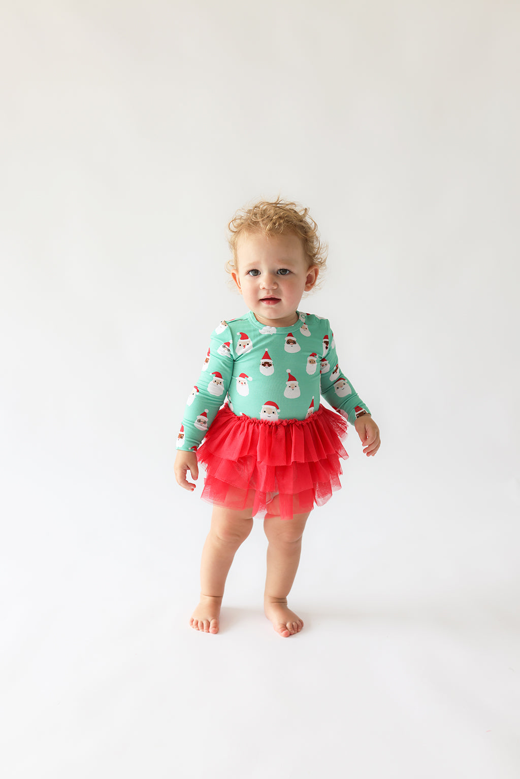 Posh Peanut bamboo tulle skirt bodysuit dress, Santa medley, worn by toddler