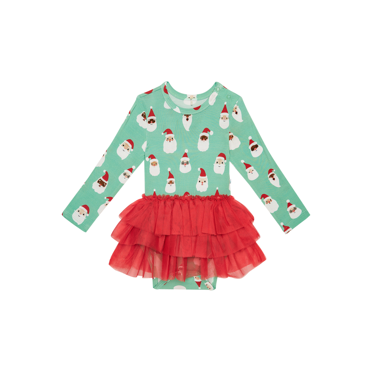 Posh Peanut bamboo tulle skirt bodysuit dress, Santa medley, front view