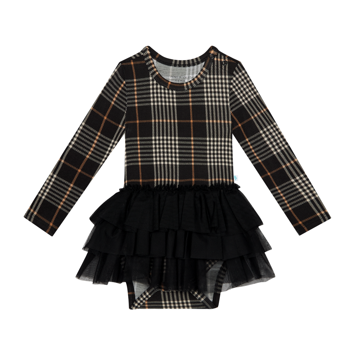 Posh Peanut tulle twirl bodysuit dress, Sanders black plaid, front view