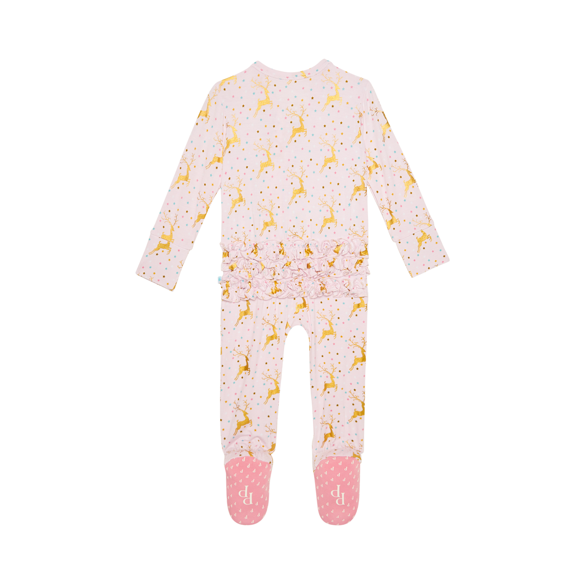 Posh Peanut bamboo ribbed ruffled zip footie, Ryleigh reindeer, back view