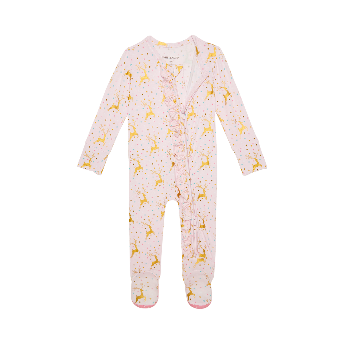 Posh Peanut bamboo ribbed ruffled zip footie, Ryleigh reindeer, front detail