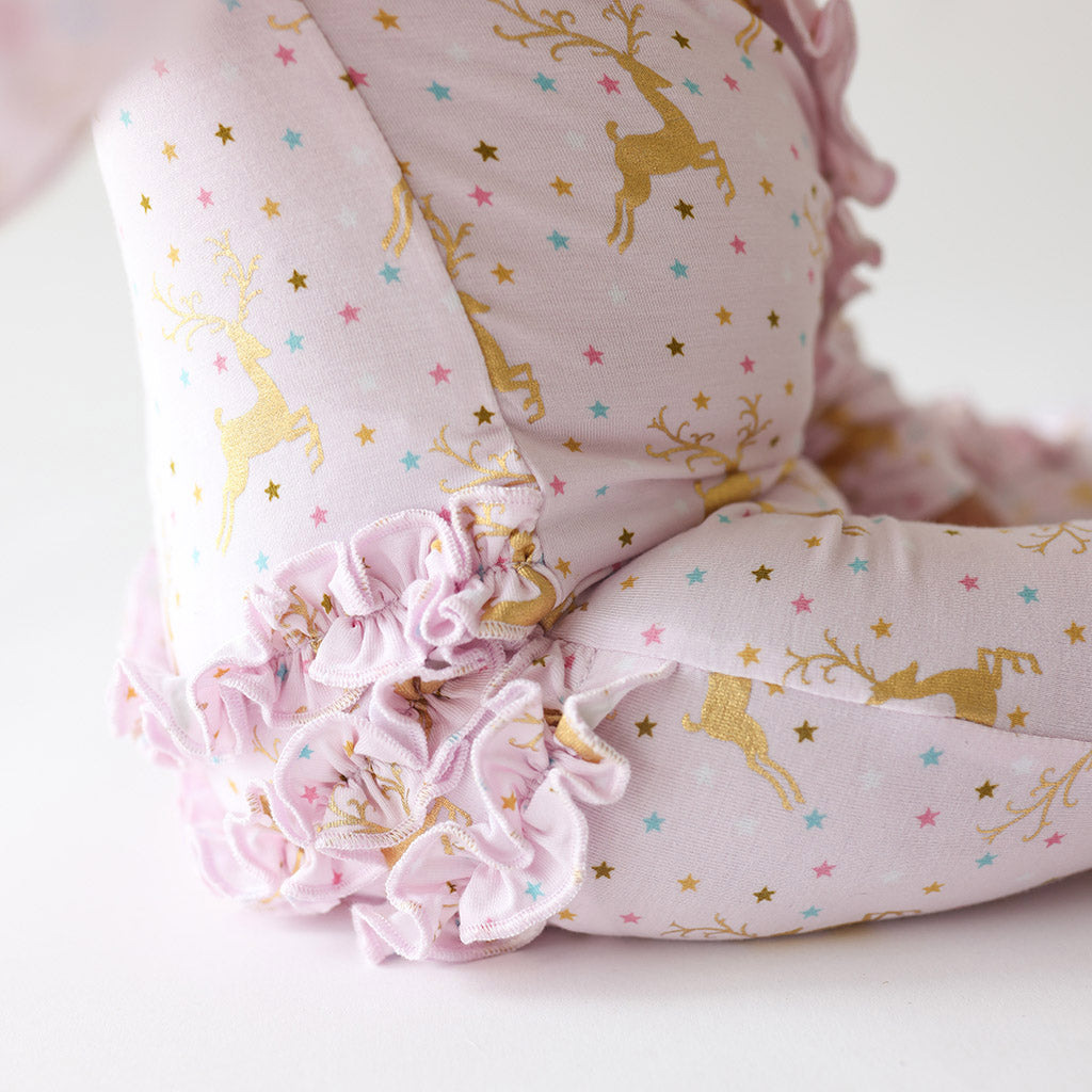 Posh Peanut bamboo ribbed ruffled zip footie, Ryleigh reindeer, ruffle detail