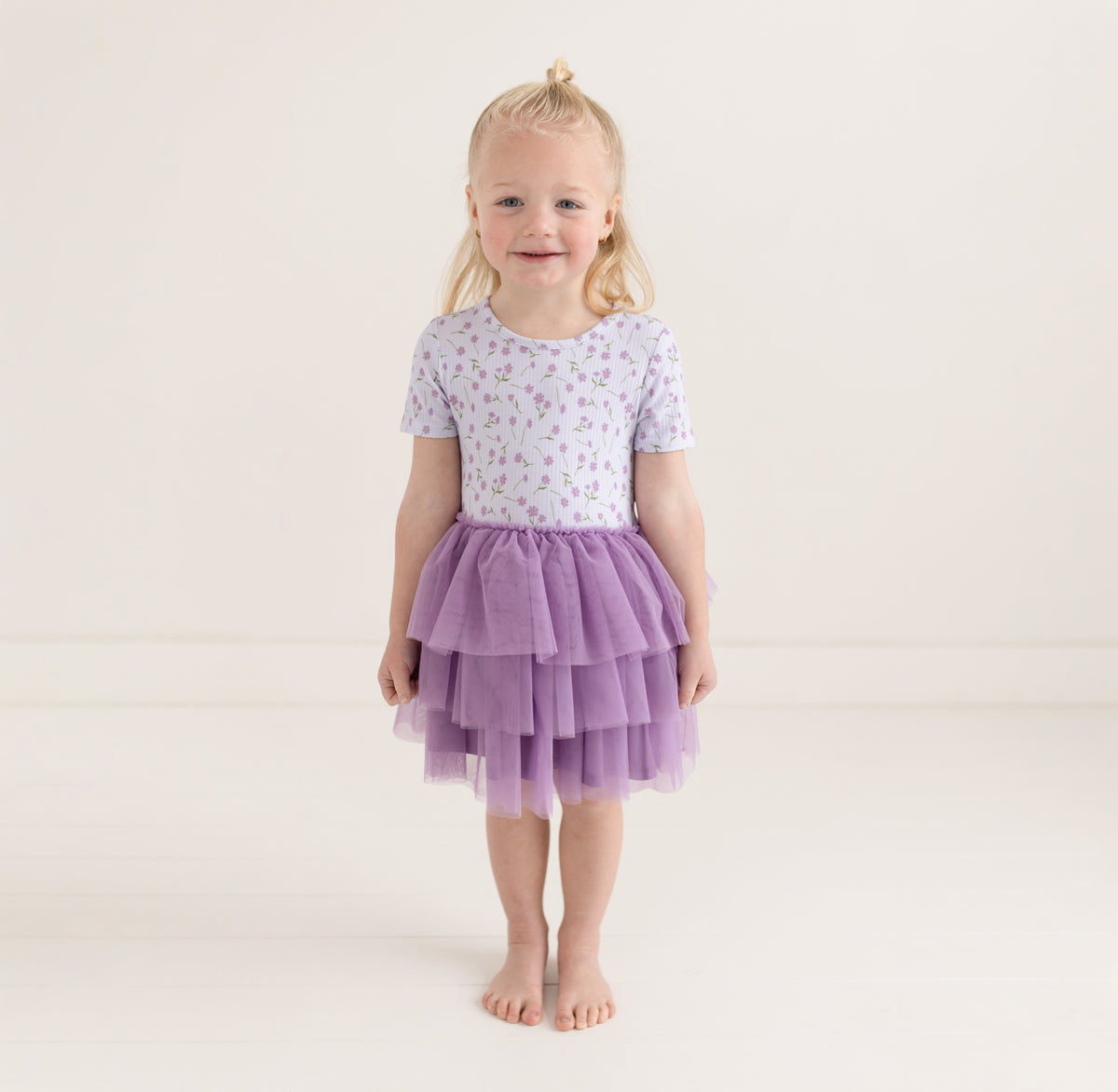 Posh Peanut bamboo ribbed tulle twirl dress, Jeanette lavender floral, styled on model