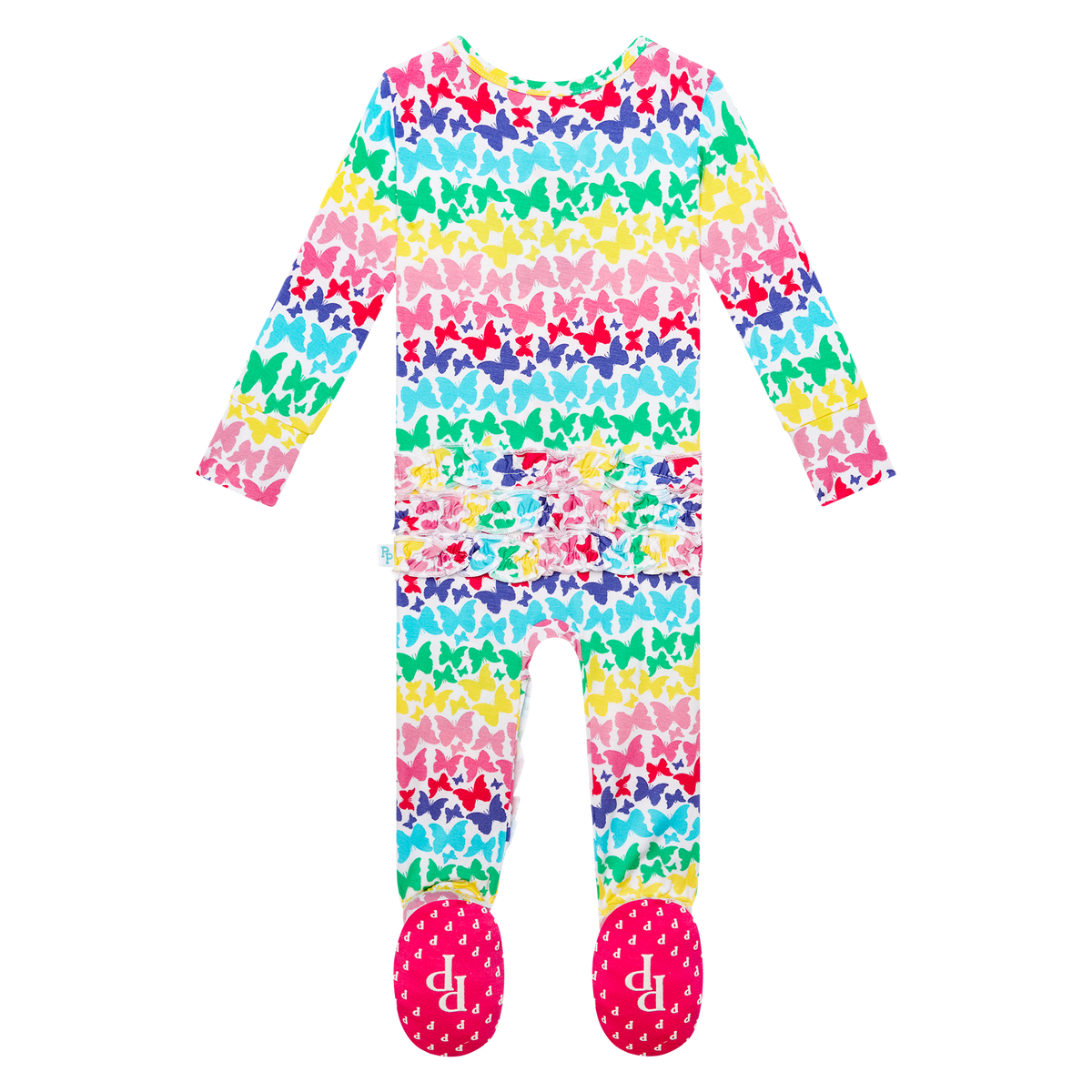 Posh Peanut bamboo ruffled zip footie, rainbow butterfly, back view