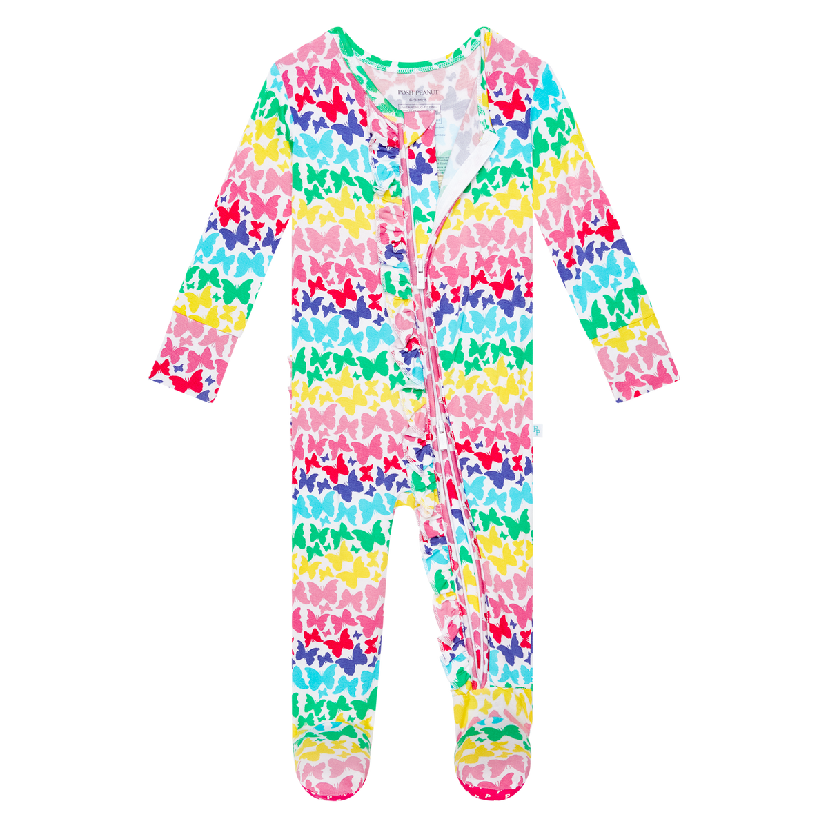 Posh Peanut bamboo ruffled zip footie, rainbow butterfly, detail