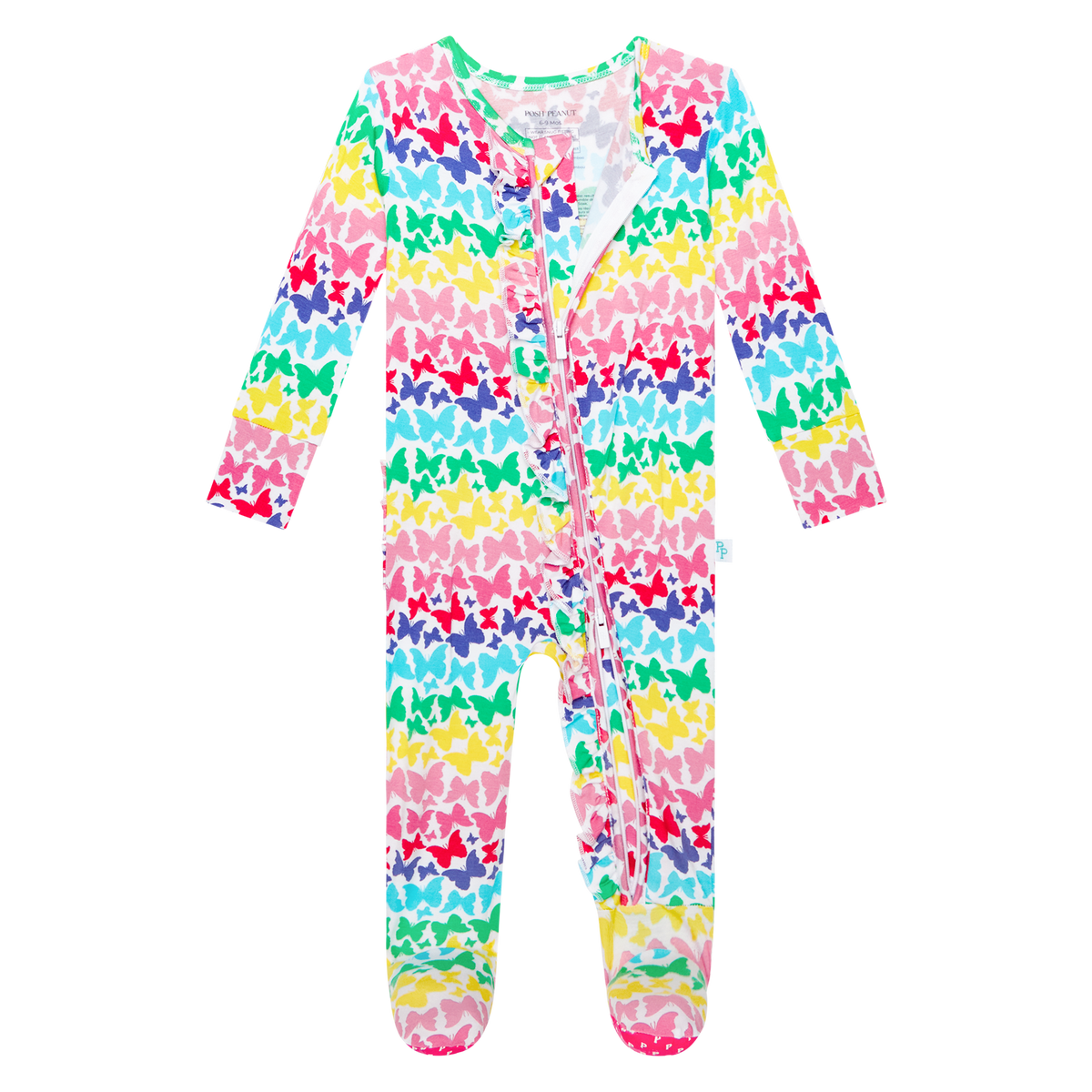Posh Peanut bamboo ruffled zip footie, rainbow butterfly, detail