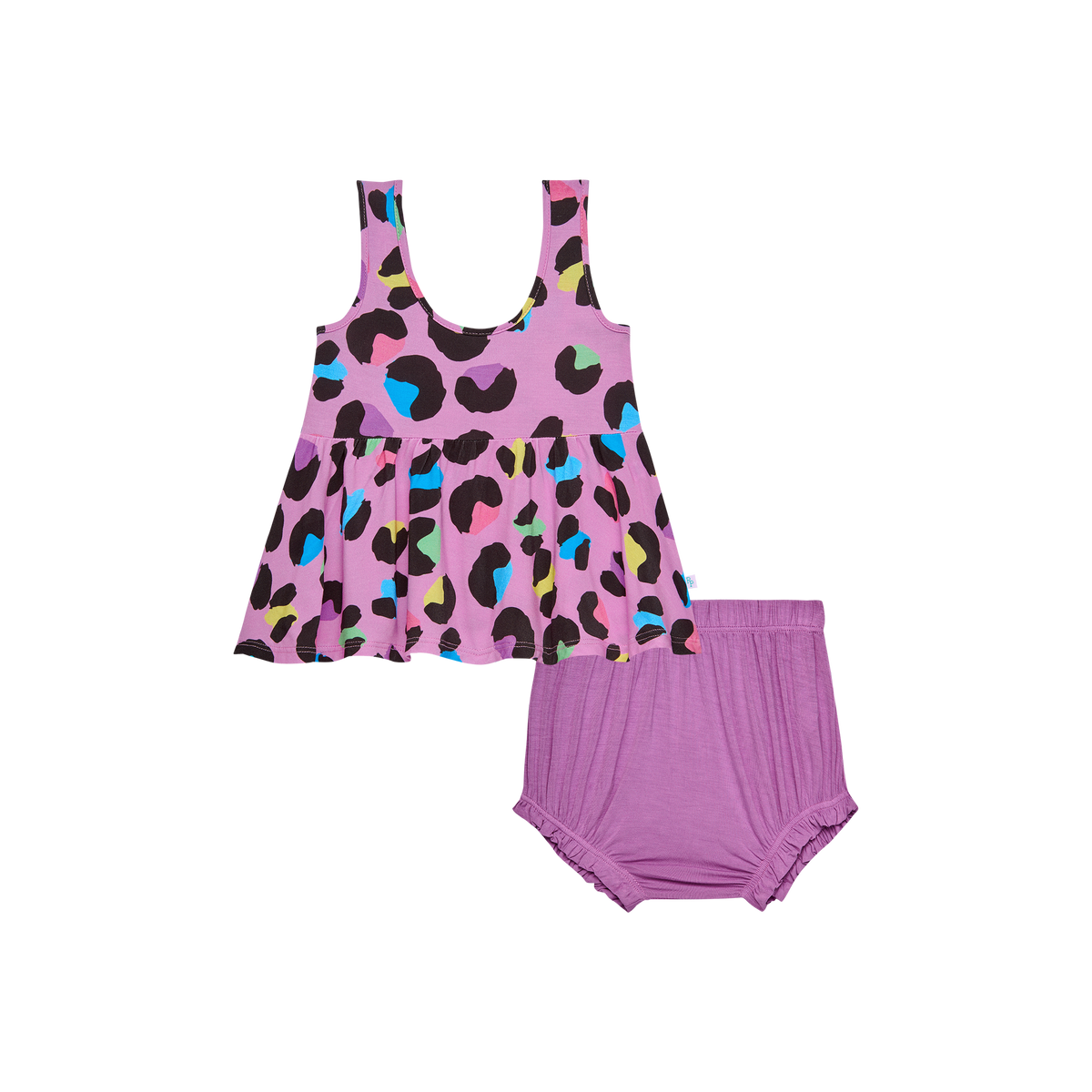 Posh Peanut bamboo peplum tank and bloomer set, electric leopard, front view