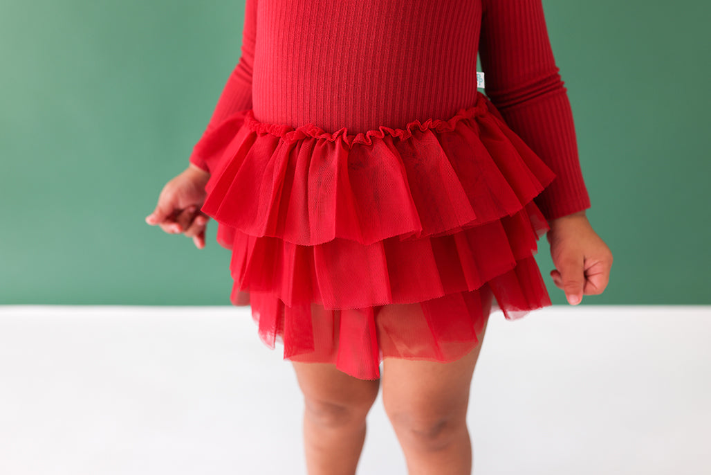 Posh Peanut ribbed tulle twirl bodysuit dress, dark red, tulle detail