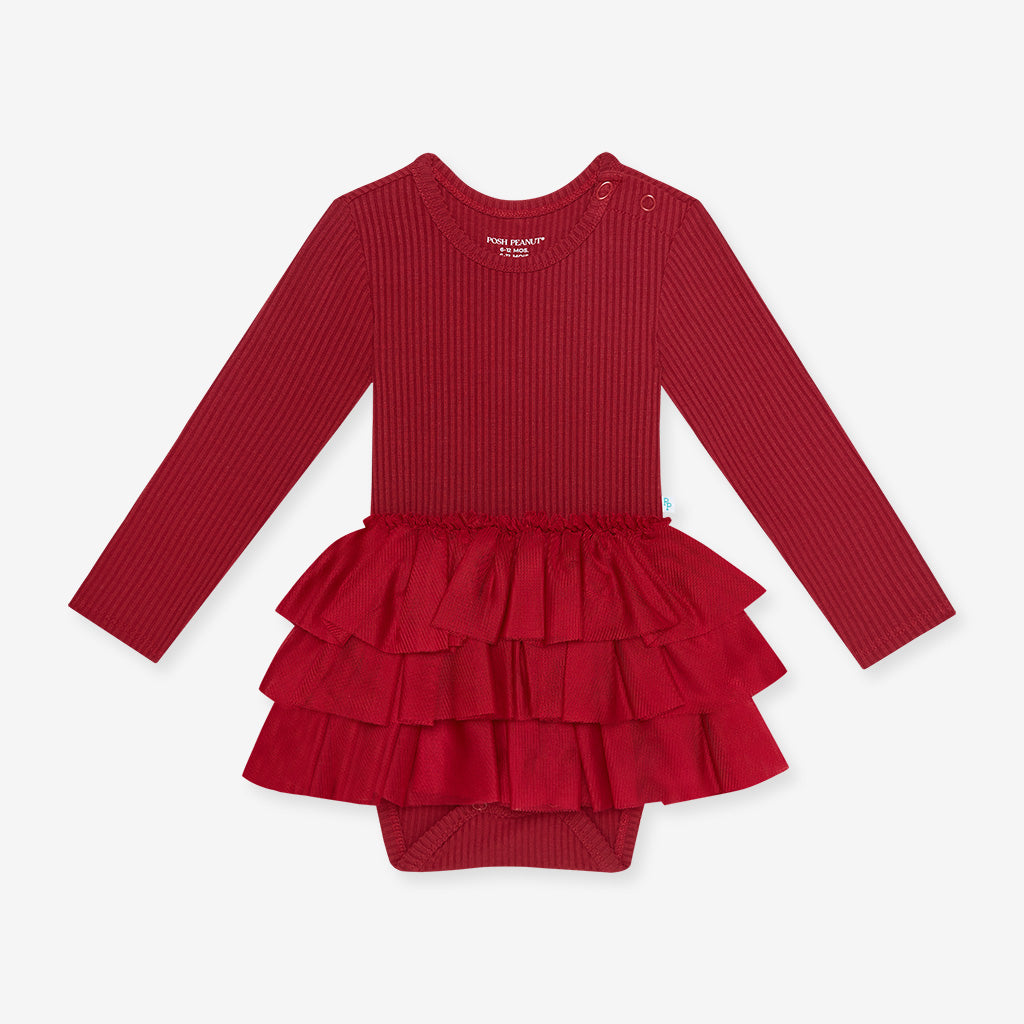Posh Peanut ribbed tulle twirl bodysuit dress, dark red, front view