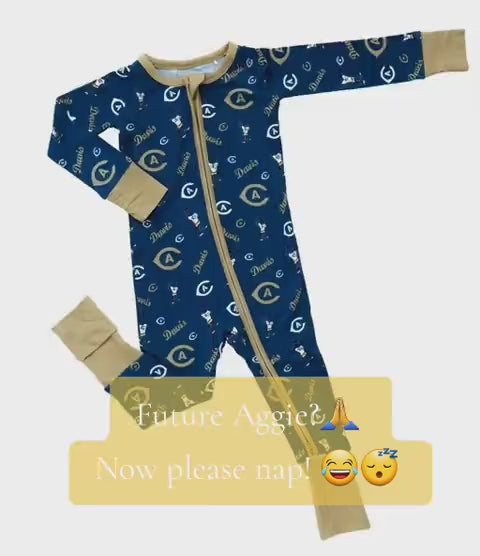 UC Davis and Gunrock UNISEX Bamboo L/S Zippered Convertible Romper - Blue/Gold
