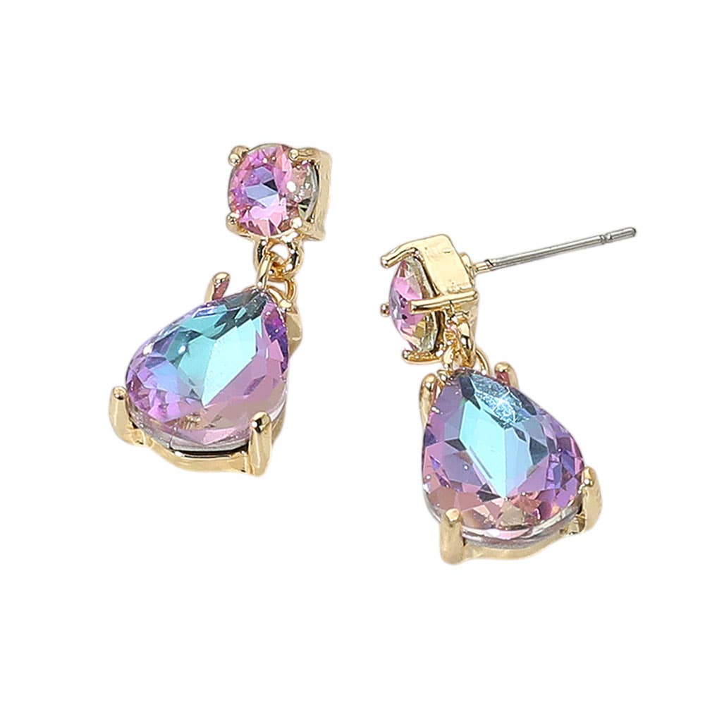 Princess crystal drop earrings, gold and AB lavender, side view