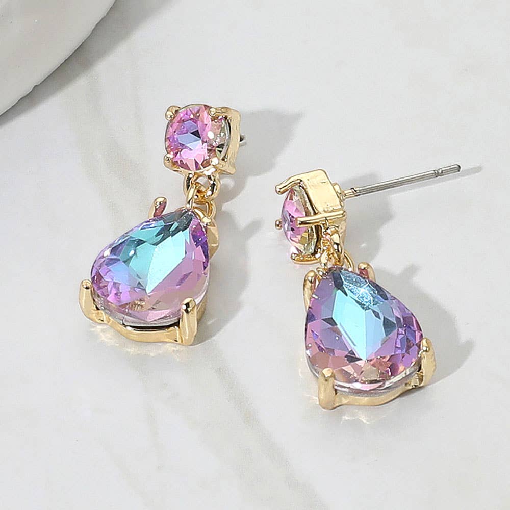 Princess crystal drop earrings, gold and AB lavender, front view