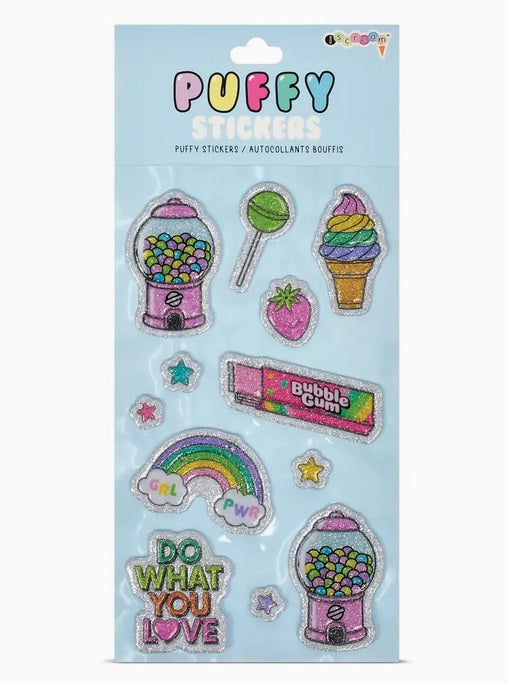 Puffy glitter rainbow sweet treats sticker pack, front view