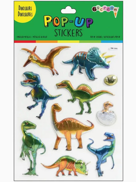 Puffy metallic dinosaurs sticker pack, front view