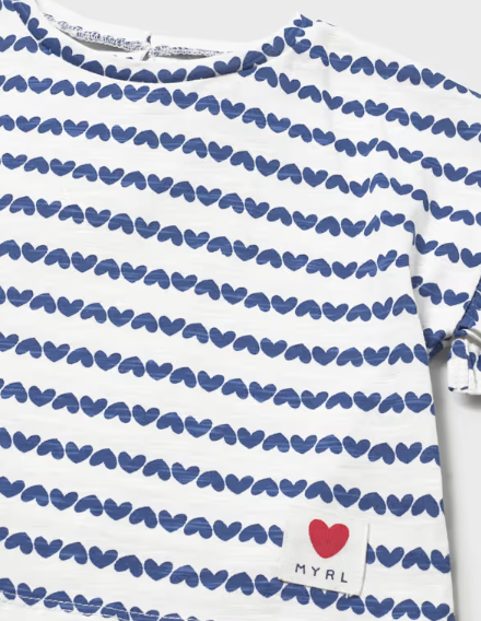 1082 Toddler Girls Eco-Cotton Ruffled S/S Print Shirt - Porcelain Blue Hearts