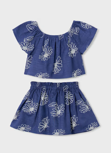 3947 Mini Girls 2pc Linen Embroidered Top and Skirt - Porcelain Blue