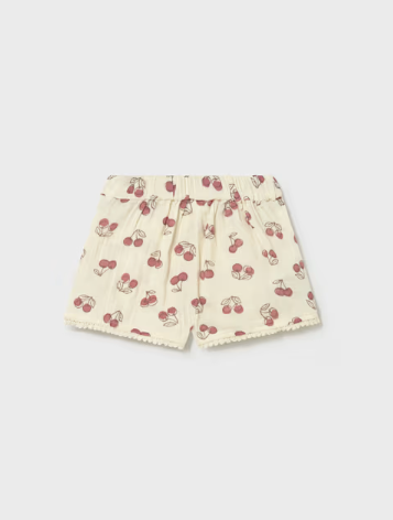 1202 Toddler Girls Cherry Print Shorts w/ Pompom Lace Trim - Bone