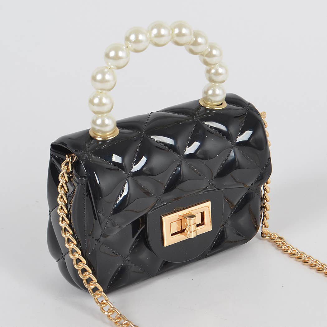 Quilted black jelly handbag with pearl handle, with chain strap