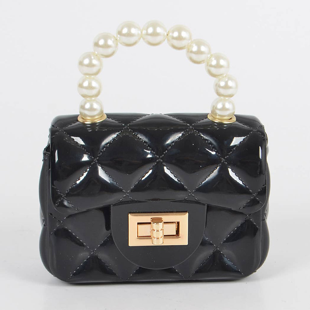 Quilted black jelly handbag with pearl handle, front view