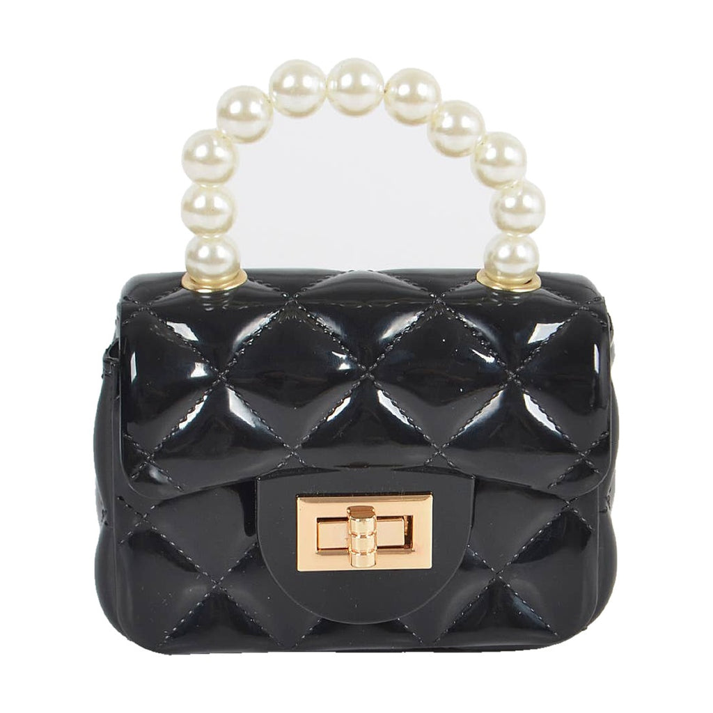 Quilted black jelly handbag with pearl handle, front view