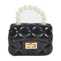 Quilted black jelly handbag with pearl handle, front view