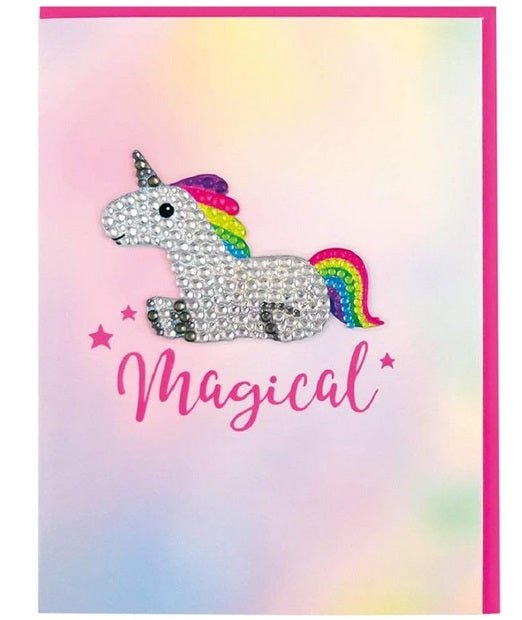Magical Rainbow Unicorn greeting card with removable rhinestone decal, card in sleeve