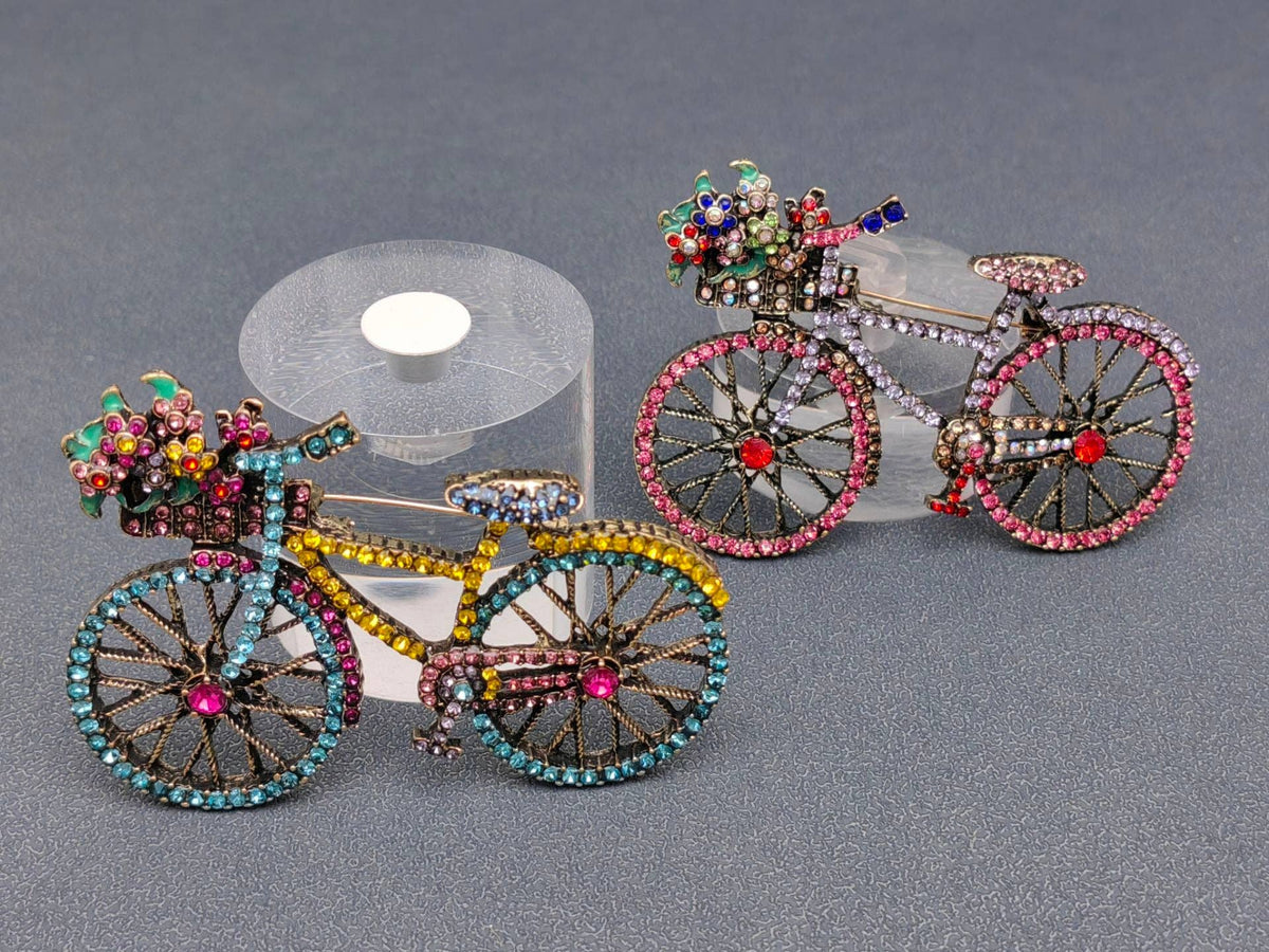 Rhinestone multi-color bicycle brooch, two color options