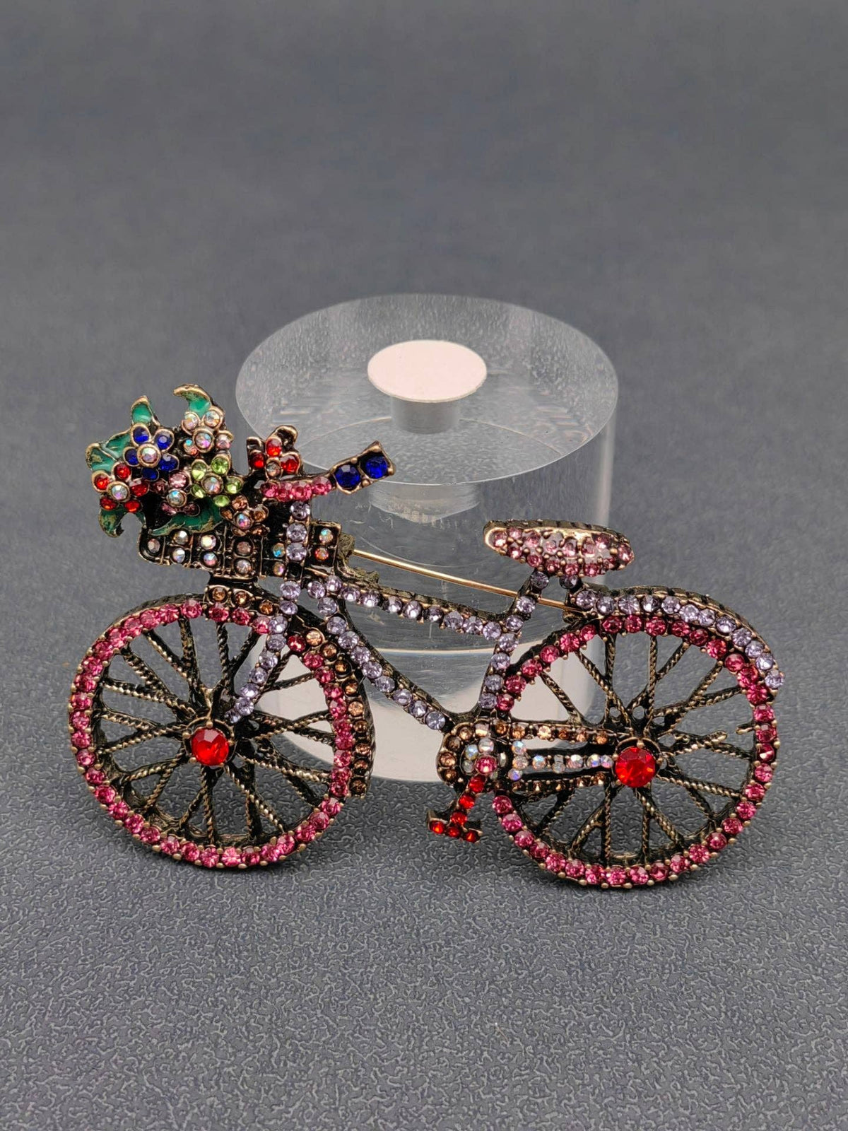 Rhinestone multi-color bicycle brooch, front view