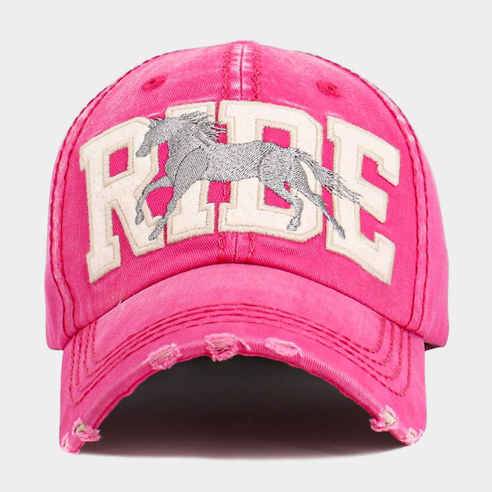 RIDE horse embroidered distressed baseball cap, hot pink, front view