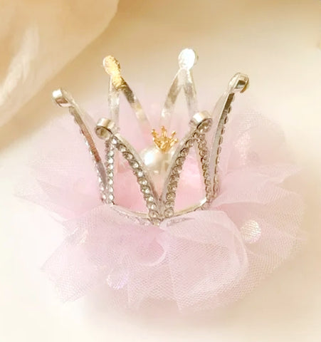 Crystal Crown Tulle Tiara NonSlip Hair Clip -Silver/Soft Pink/Pearl Center