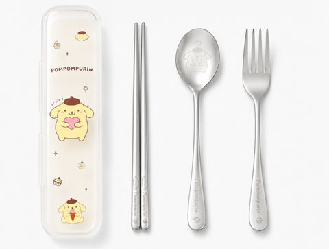 Sanrio Stainless Steel Utensils:  Chopsticks, Spoon, Fork w/Travel Case, Pompompurin